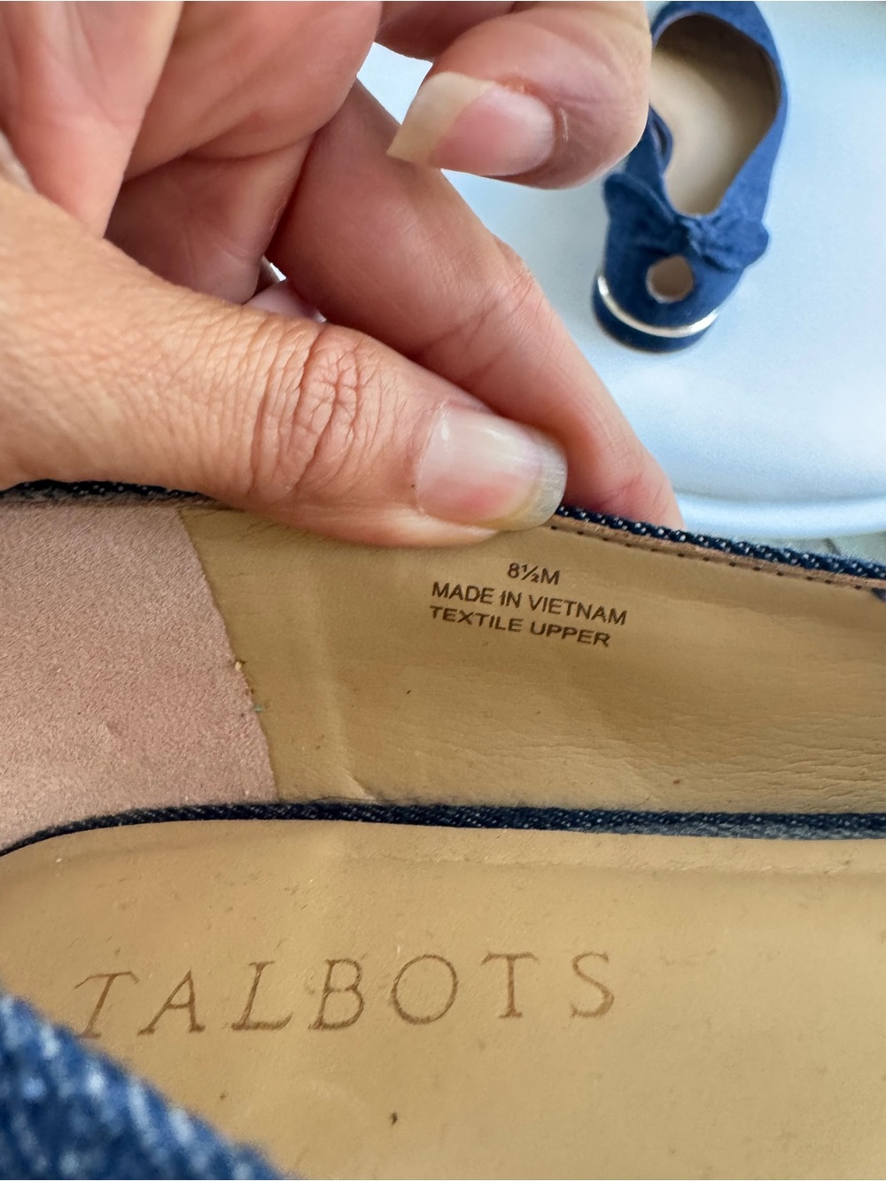 Talbots Denim Bow Ballet Flats Womens 8.5 M Blue Gold Heel Leather Sole Shoes - Picture 5 of 7